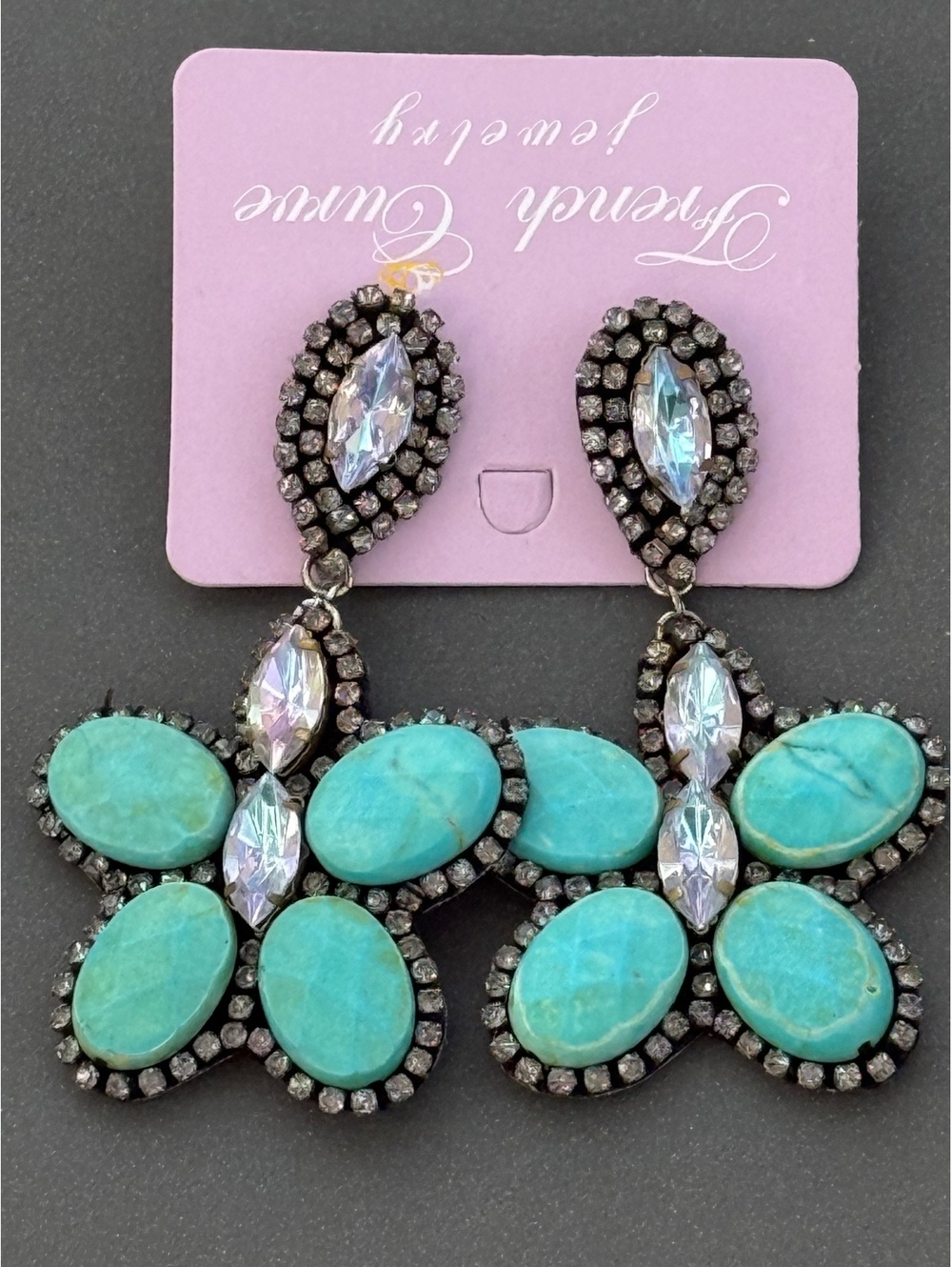 French Curve Rhinestone & Turquoise Flower Earrings